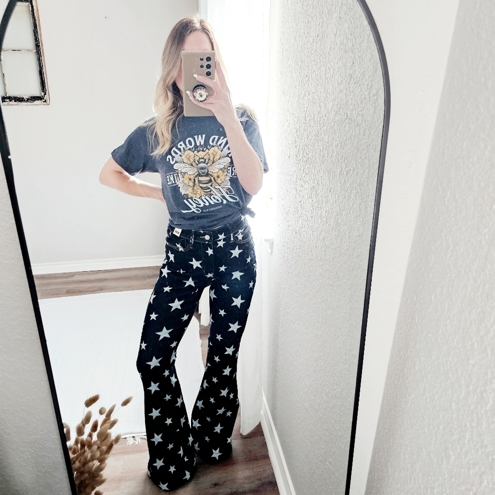 Judy Blue High Rise Dark Wash Star Print Flare Jeans Regular Sizes Americana NEW
